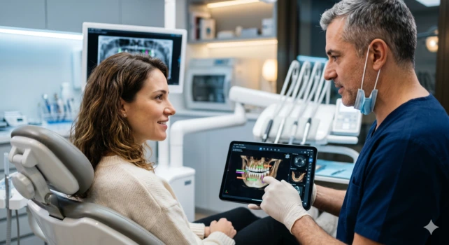 Dentista especialista apresenta planejamento digital em 3D de implante dentário para paciente, demonstrando segurança e tecnologia em um consultório moderno.